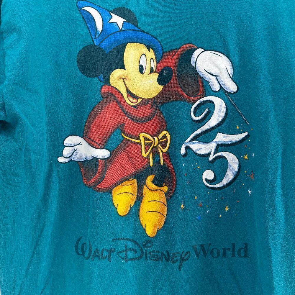 Vintage Walt Disney World 25th Anniversary Fantasia Mickey‎ T Shirt Sz L Teal